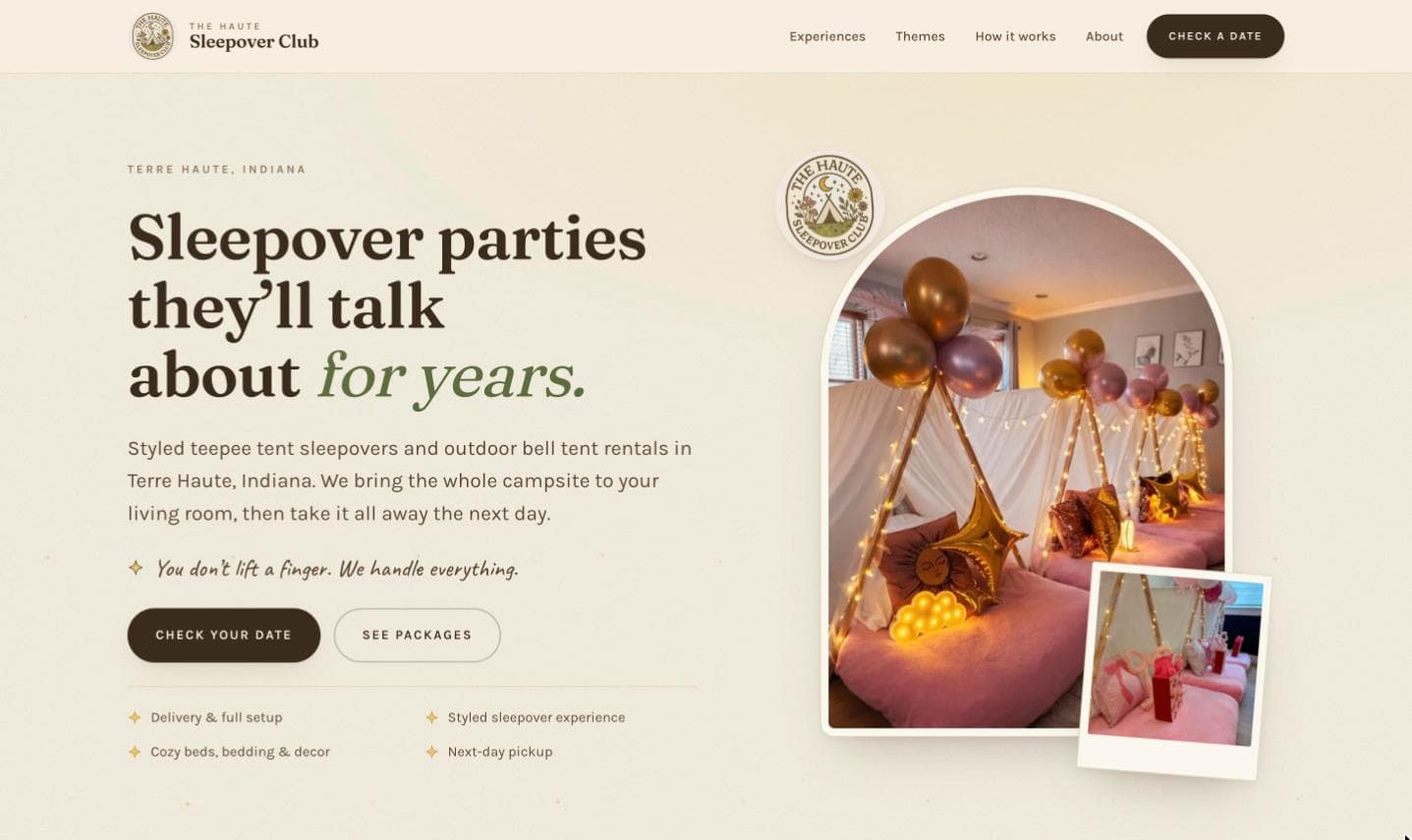The Haute Sleepover Club website on a desktop screen. The headline reads “Sleepover parties they’ll talk about for years” beside a photo of a styled teepee tent sleepover with balloons and fairy lights.