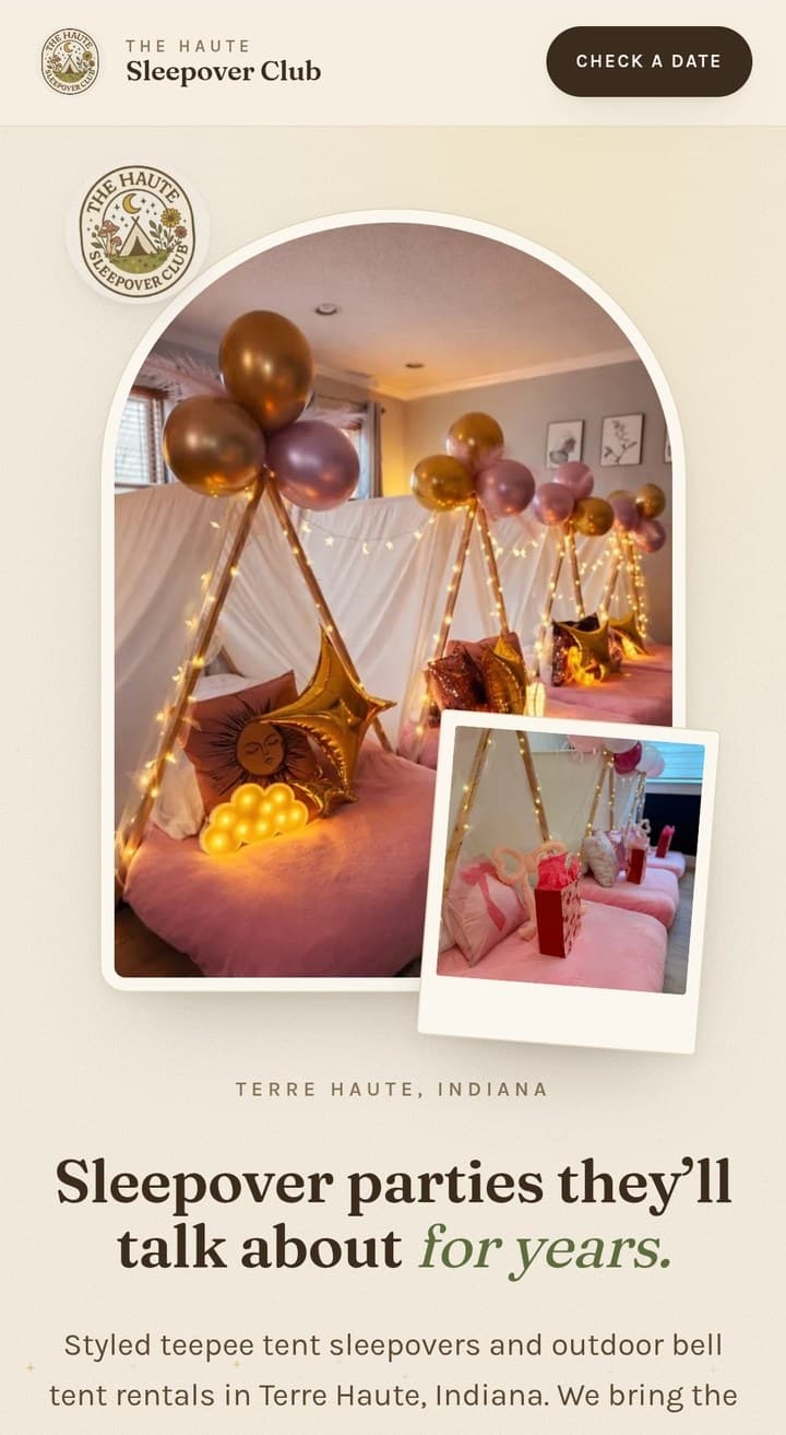 The same Haute Sleepover Club website on a phone, with the tent photo and headline stacked for a narrow screen.